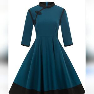 SUCREFAS Elegant Teal Retro Asian Inspired Circle Dress
